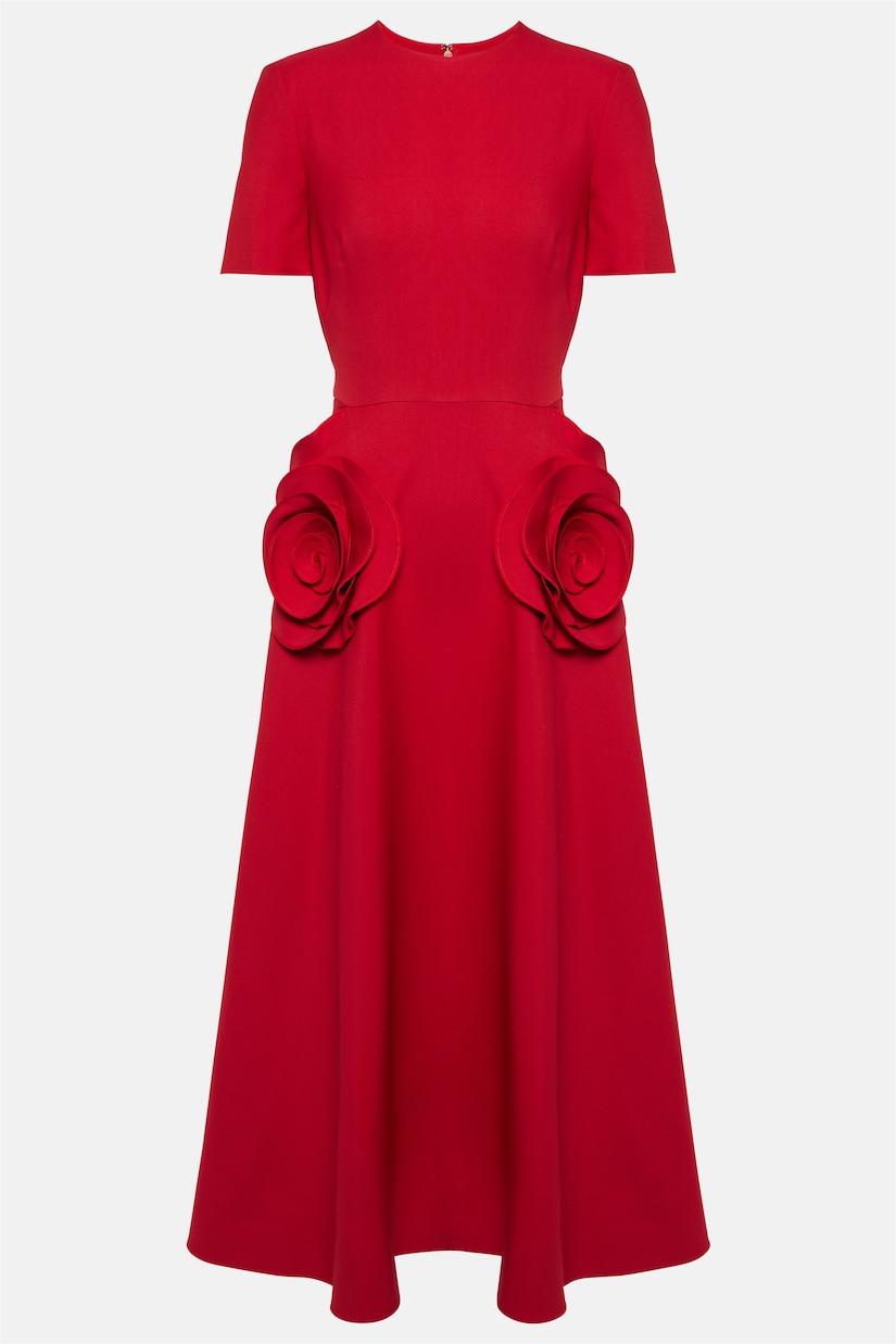 3d Round Neck Short Sleeve Midi Dress Red