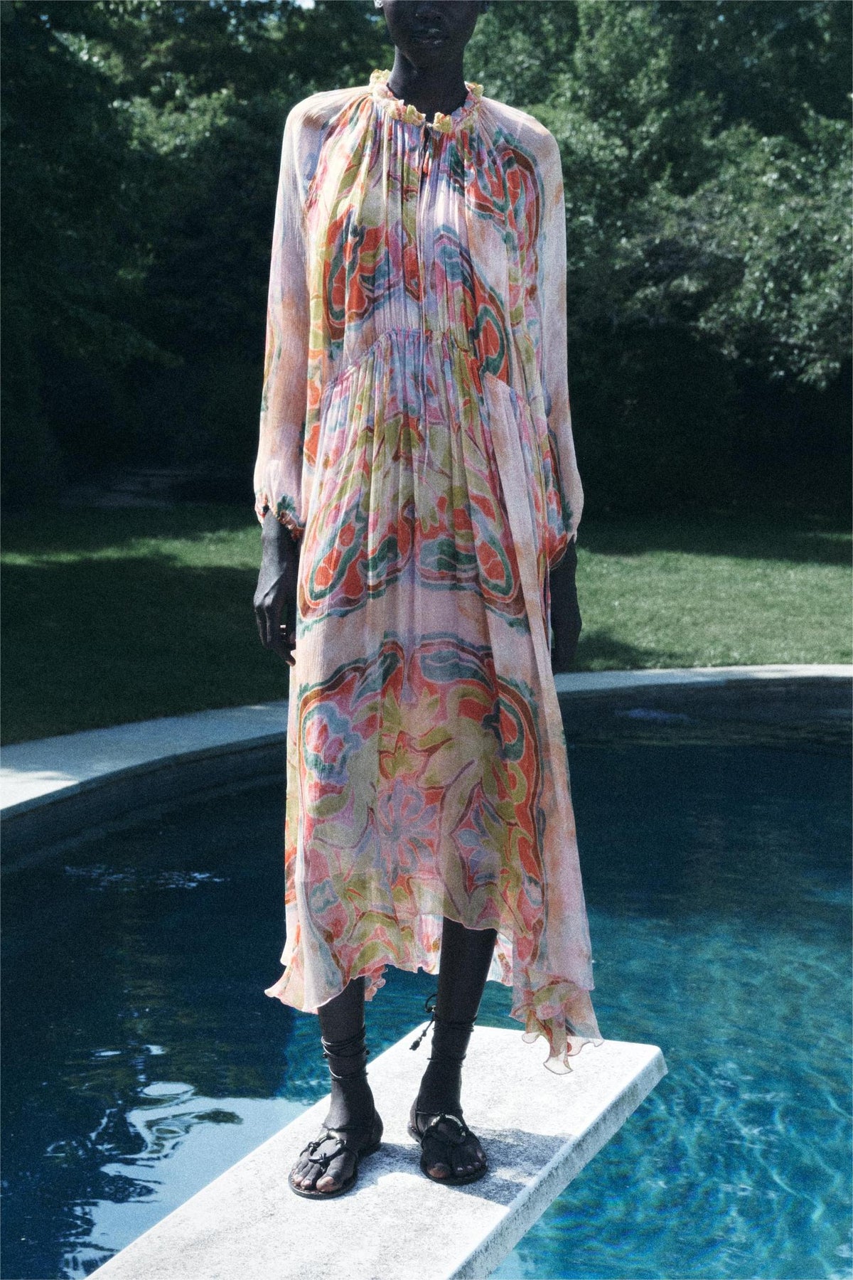Abstract Print Drawstring Lace Up Midi Dress