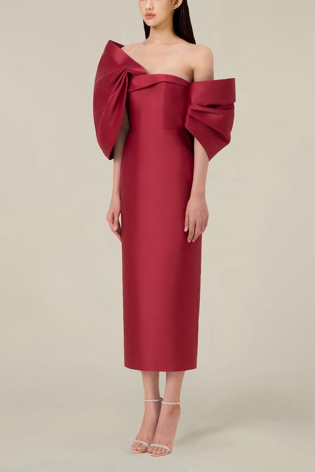 Bow Off-shoulder Asymmetrical Midi Dress Red