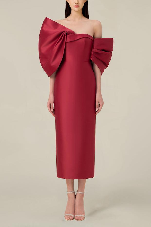 Bow Off-shoulder Asymmetrical Midi Dress Red