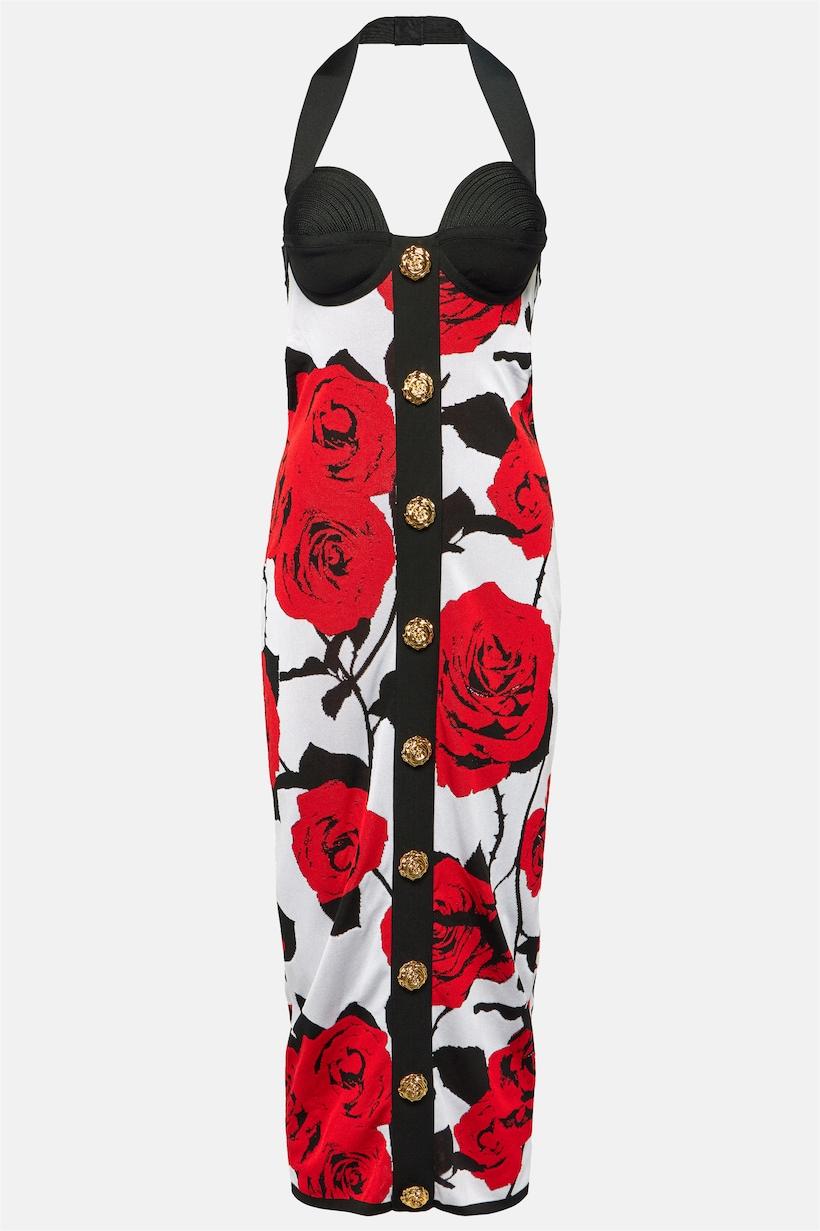 Knit Metal Button Halter Neck Midi Dress