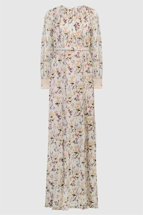 Pleat Round Neck Maxi Dress With Belt