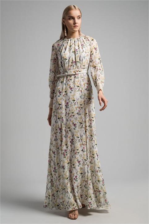 Pleat Round Neck Maxi Dress With Belt