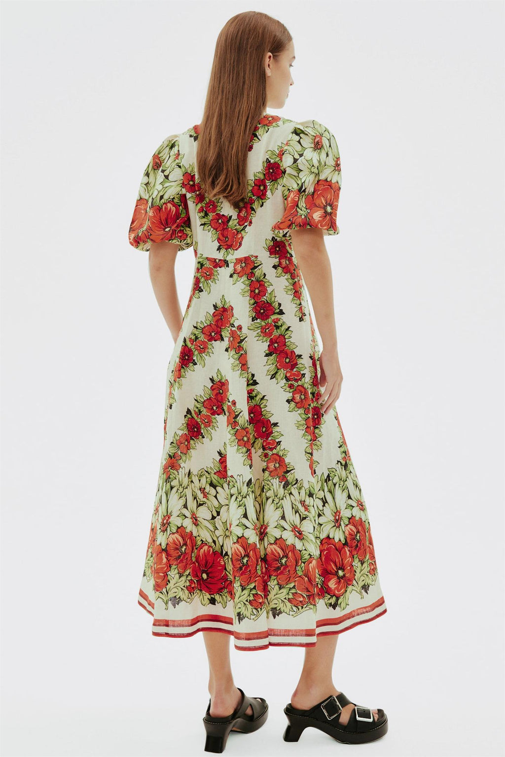 Puff Sleeve Round Neck Midi Dress