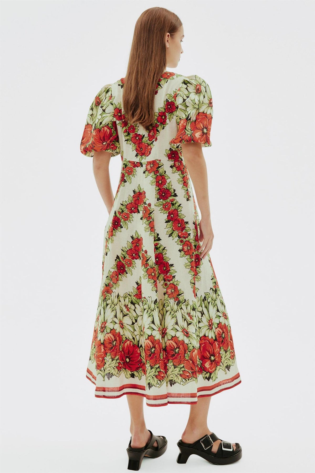 Puff Sleeve Round Neck Midi Dress