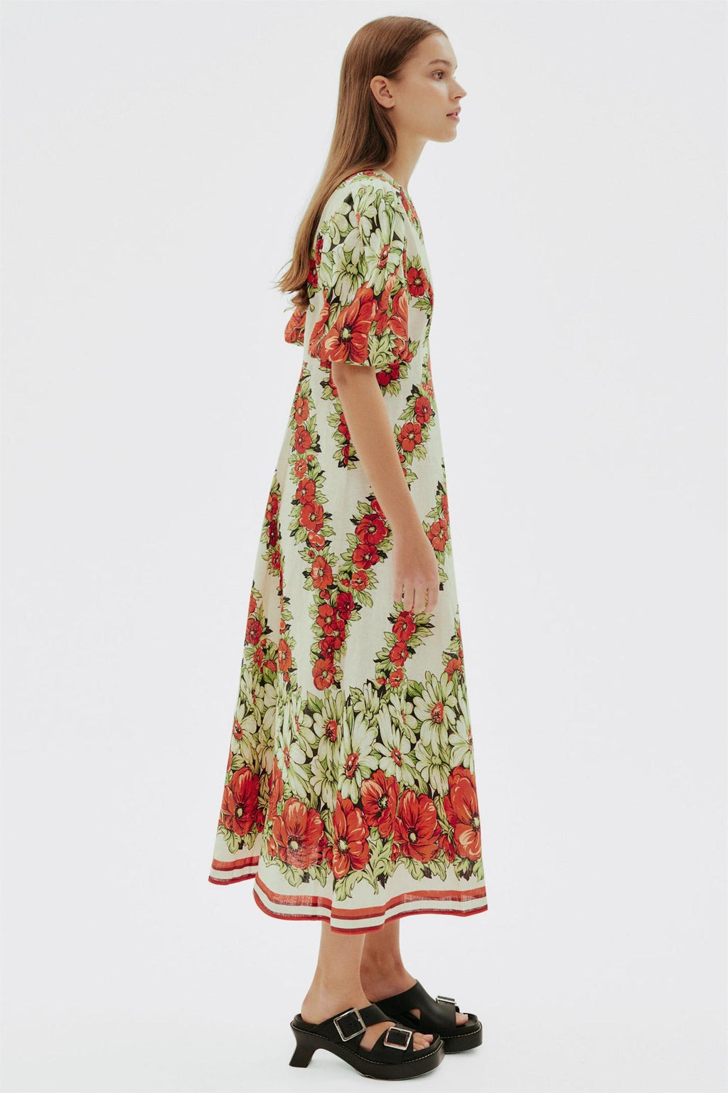 Puff Sleeve Round Neck Midi Dress