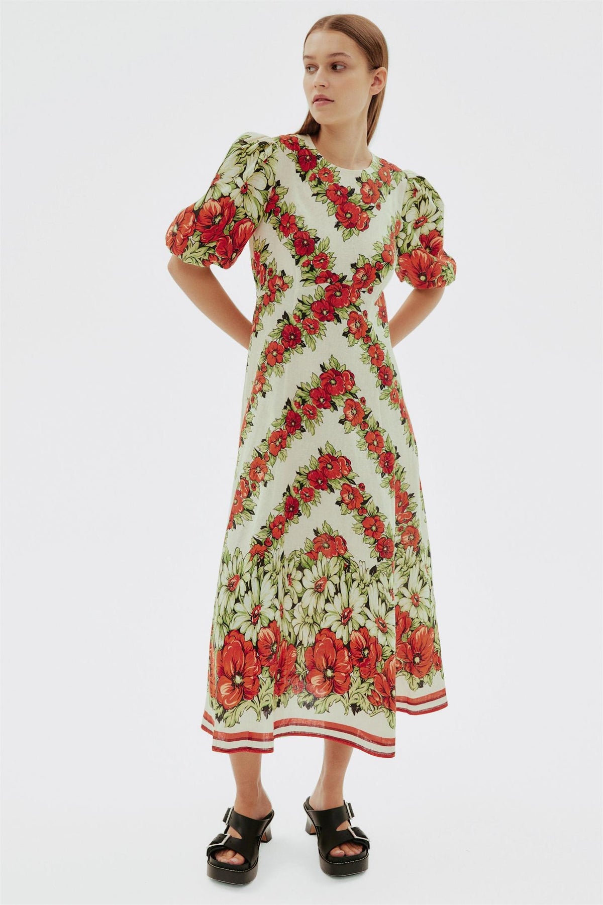 Puff Sleeve Round Neck Midi Dress