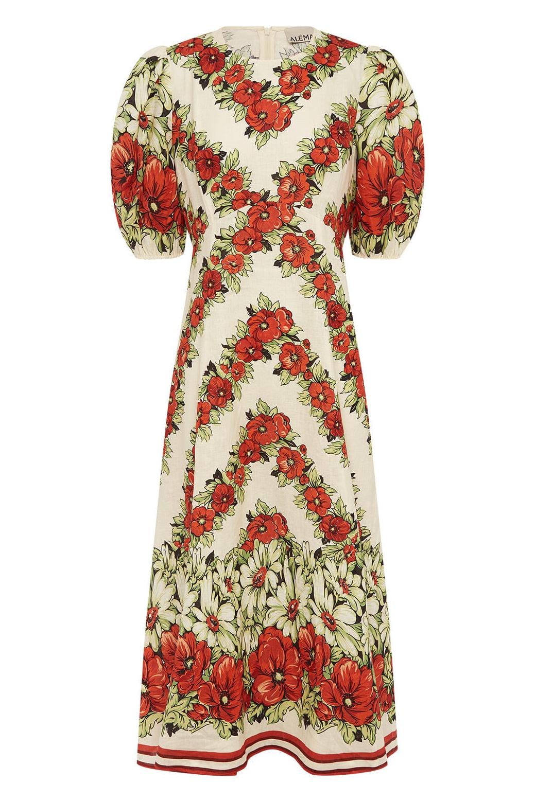 Puff Sleeve Round Neck Midi Dress
