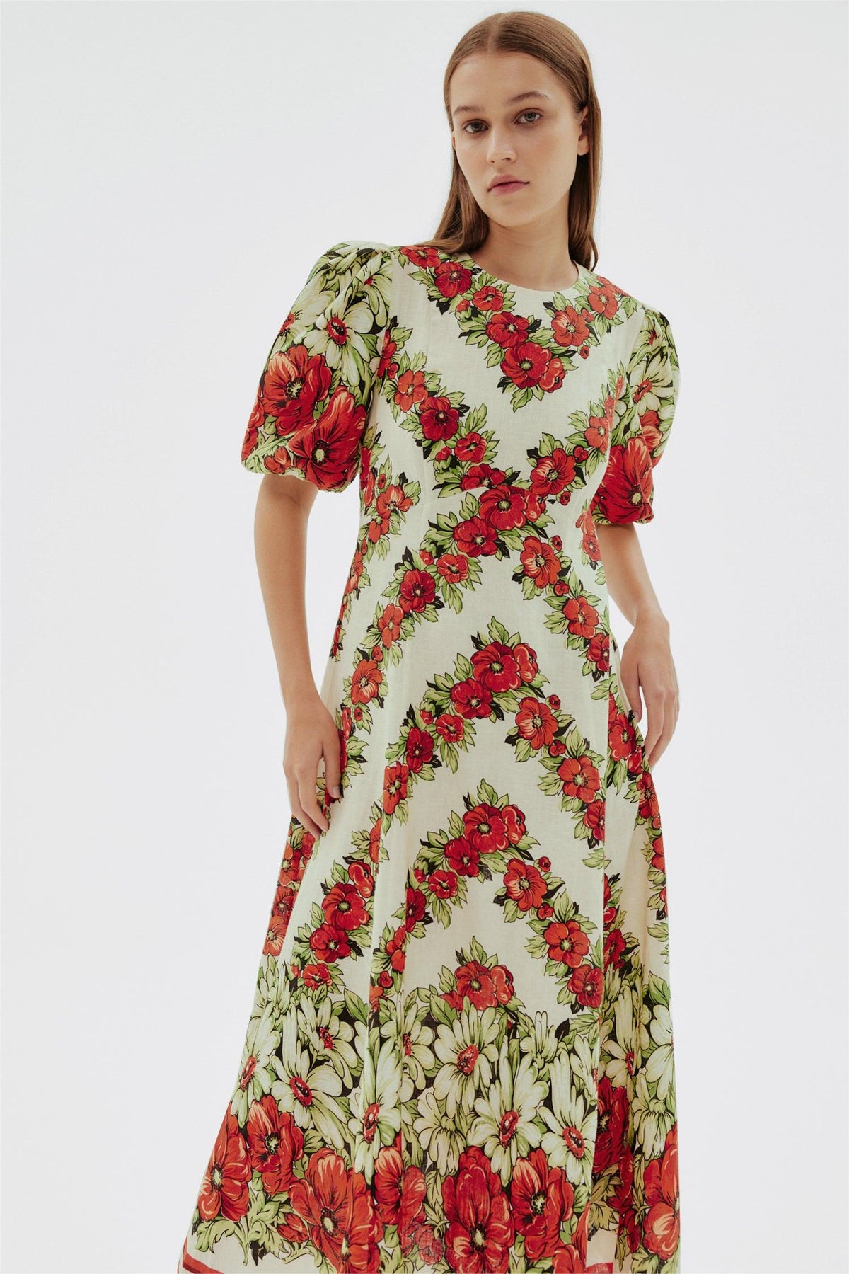 Puff Sleeve Round Neck Midi Dress
