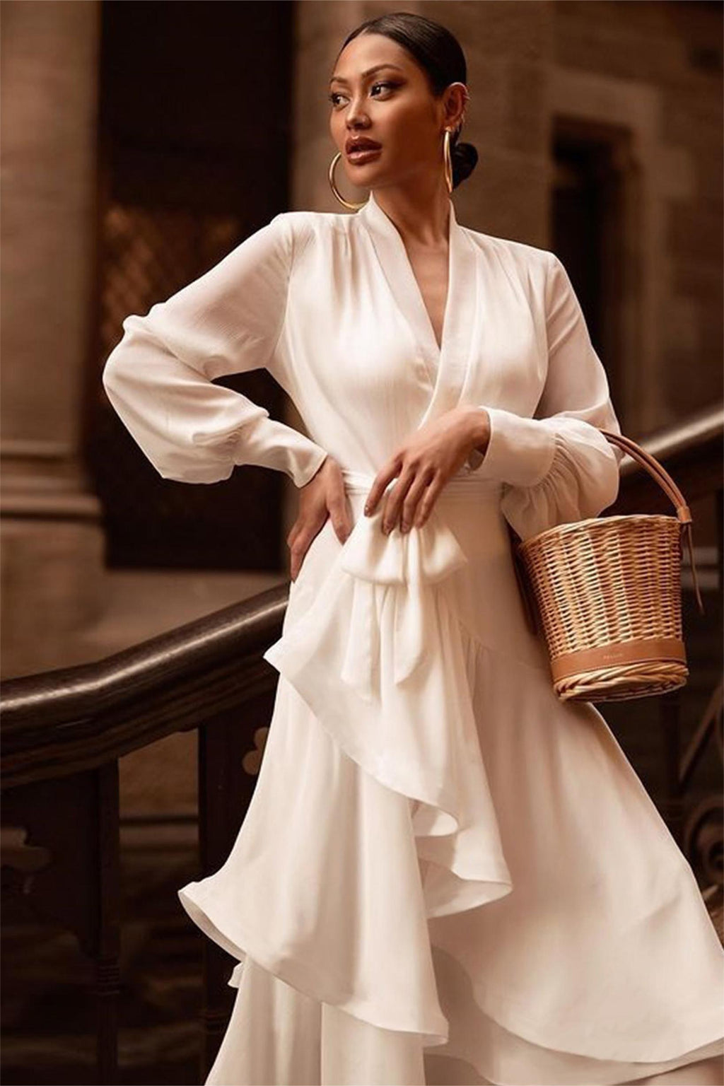 Satin Ruffle Lantern Sleeve Midi Dress