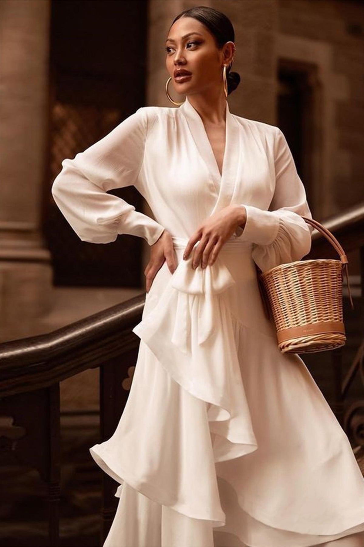 Satin Ruffle Lantern Sleeve Midi Dress