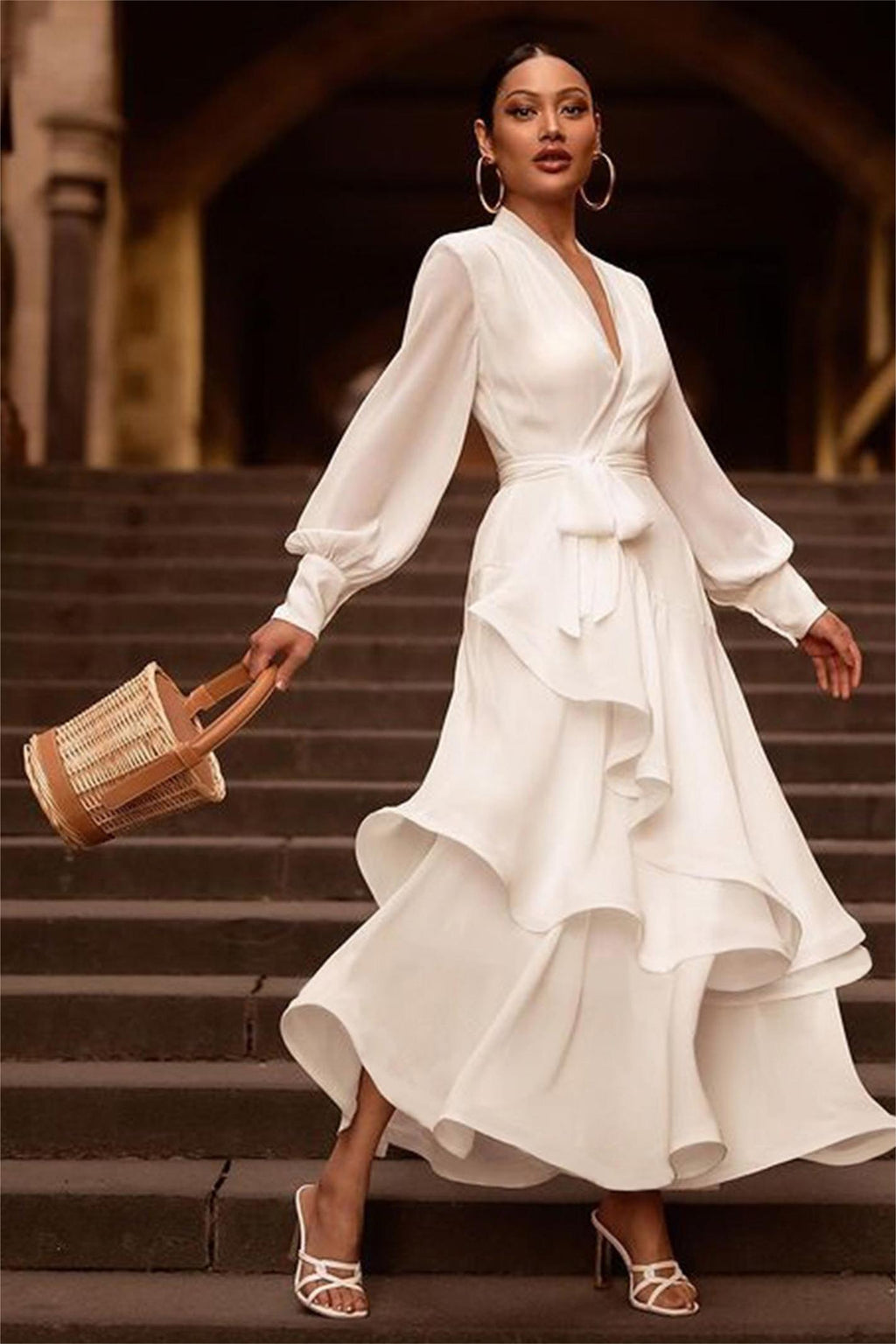 Satin Ruffle Lantern Sleeve Midi Dress