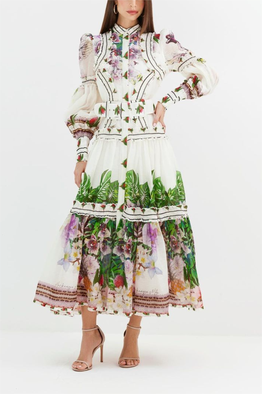 Lantern Sleeve Midi Dress With Belt