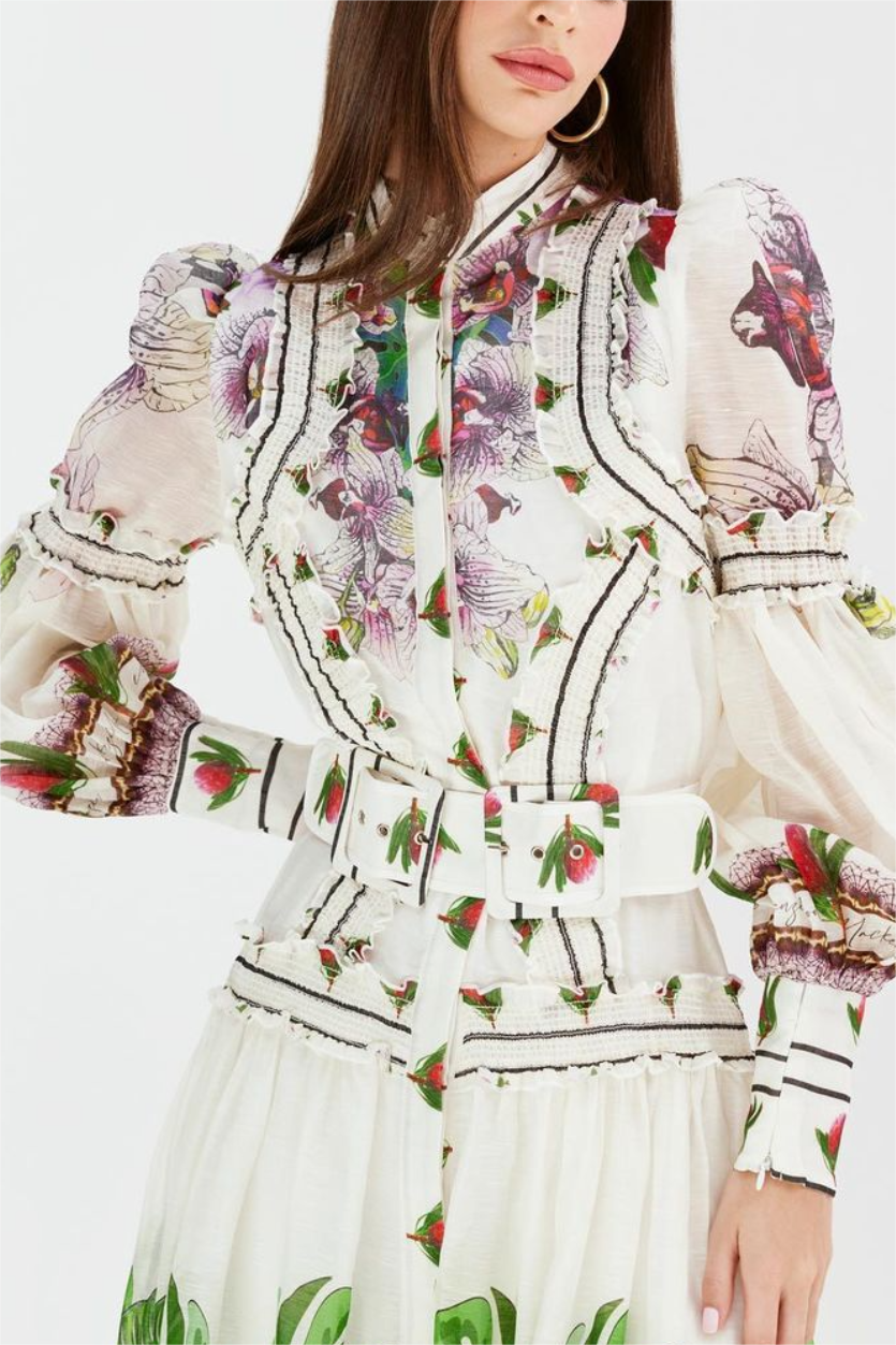 Lantern Sleeve Midi Dress With Belt