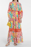 Abstract Print Lace Pleated Midi Dress With Belt