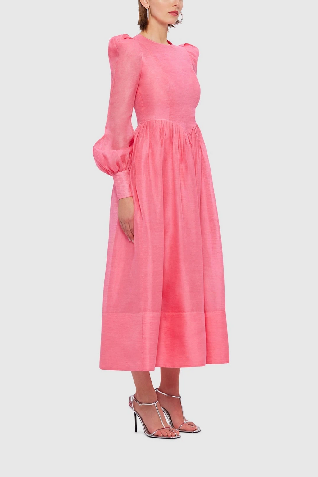 Lantern Sleeve Round Neck Midi Dress