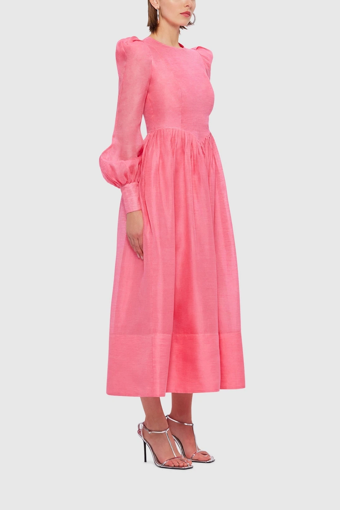 Lantern Sleeve Round Neck Midi Dress