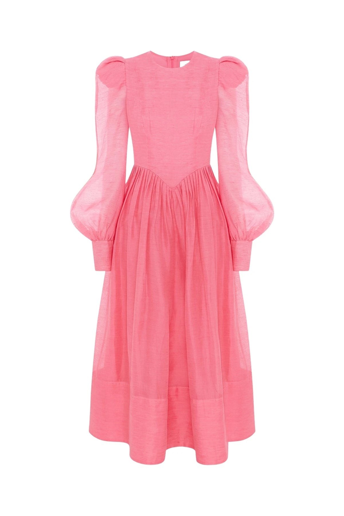 Lantern Sleeve Round Neck Midi Dress