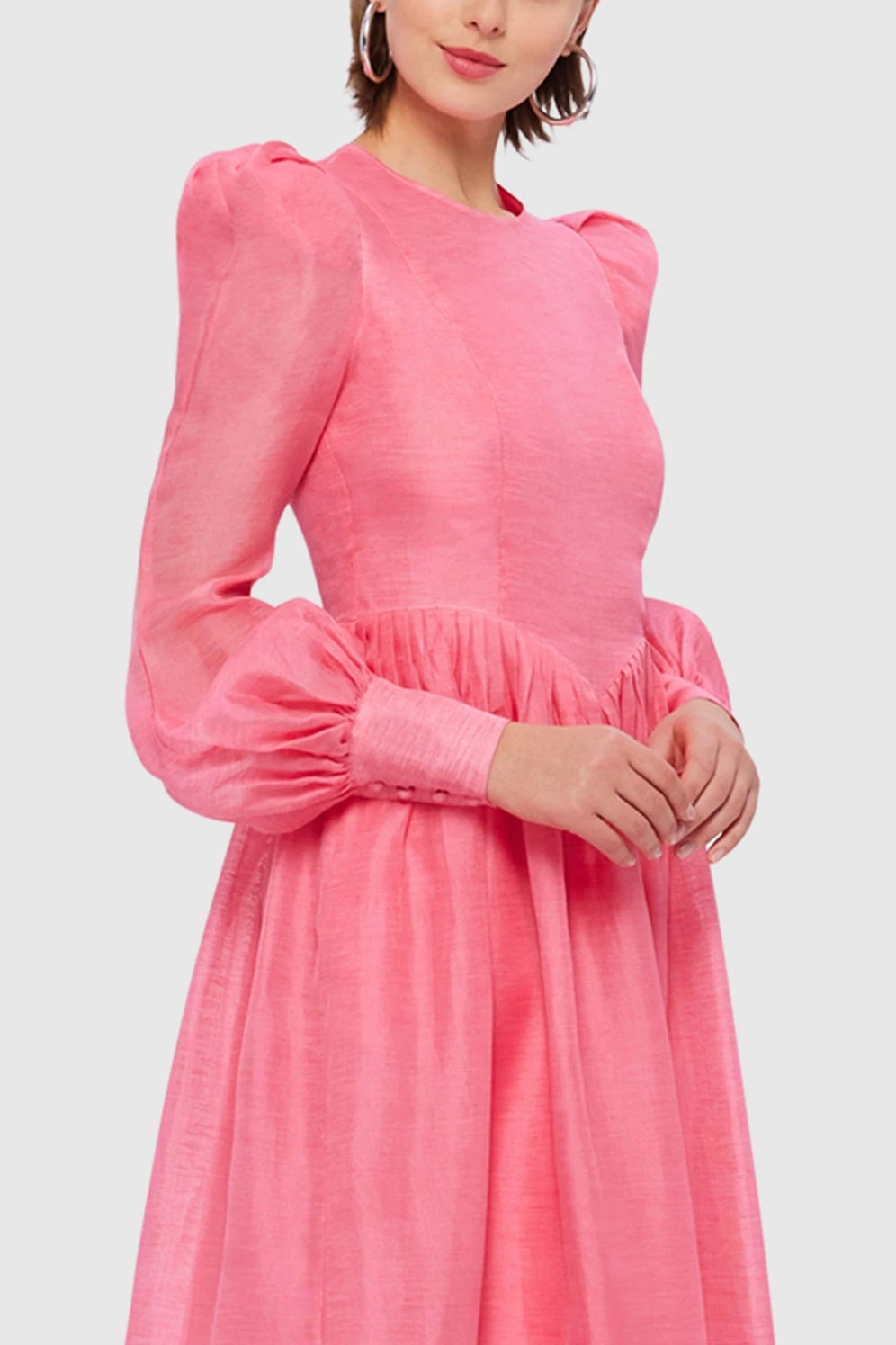 Lantern Sleeve Round Neck Midi Dress