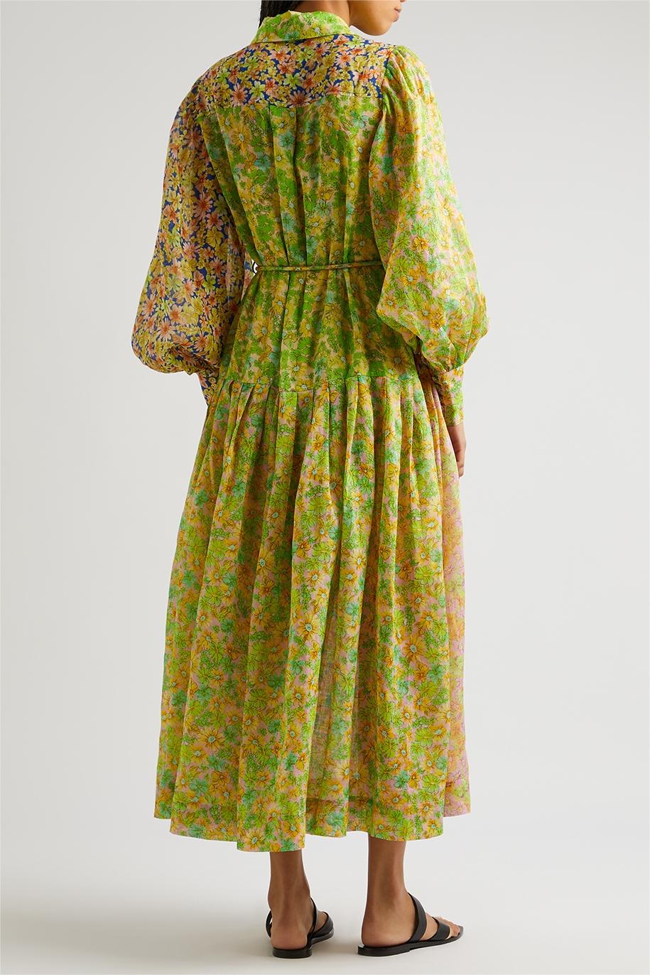 Lantern Sleeve Bottom Midi Dress With Belt
