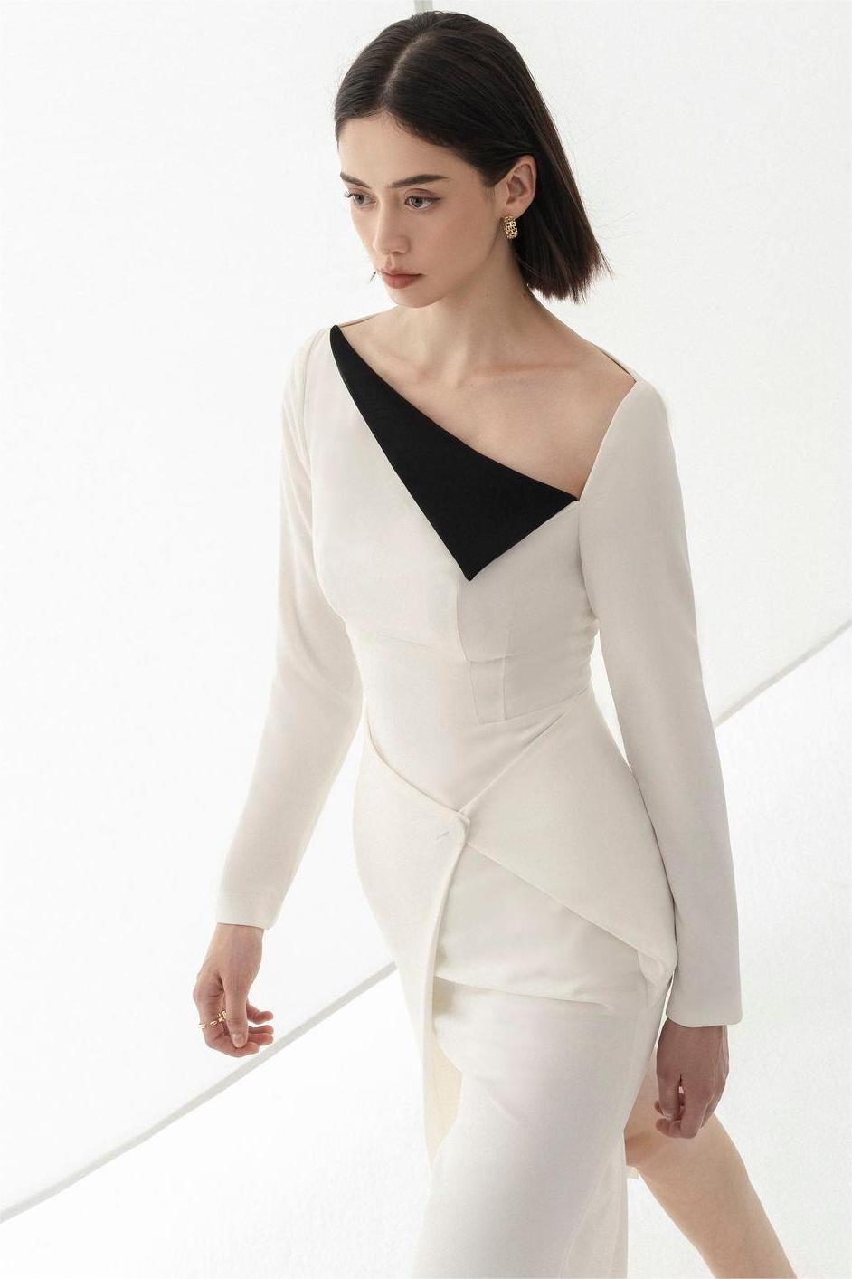 Contrast Color Long Sleeve Midi Dress