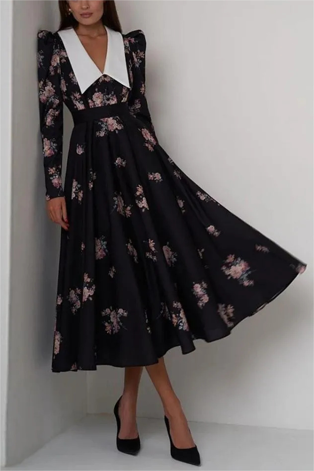 Contrast Collar Puff Sleeve Midi Dress