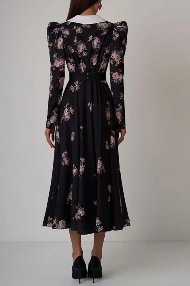 Contrast Collar Puff Sleeve Midi Dress