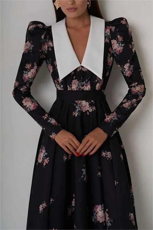 Contrast Collar Puff Sleeve Midi Dress