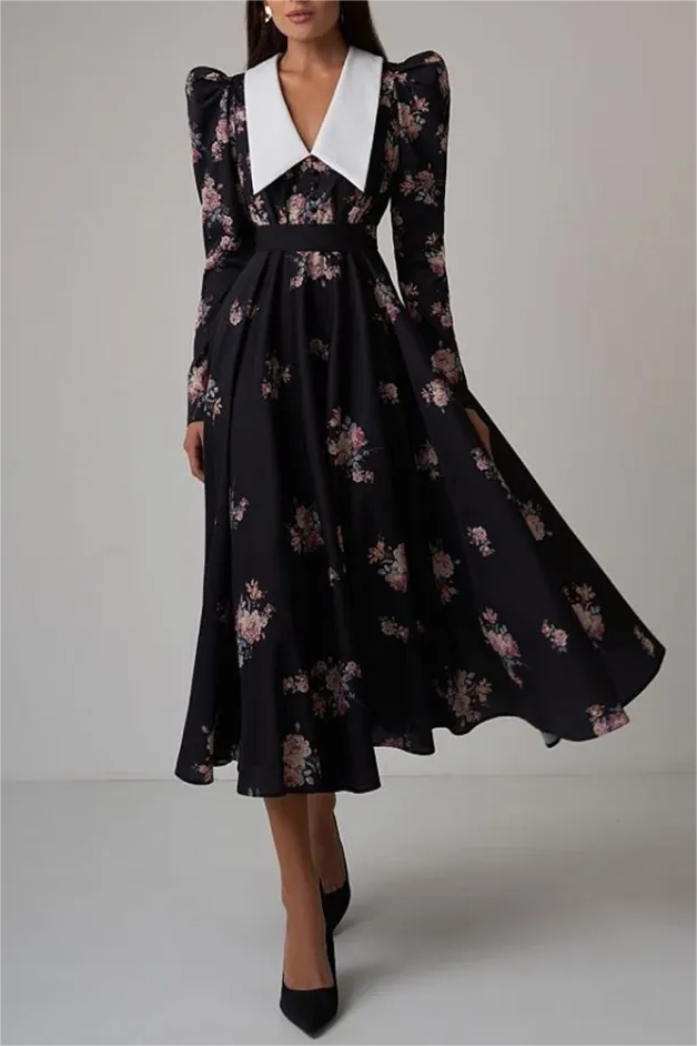 Contrast Collar Puff Sleeve Midi Dress
