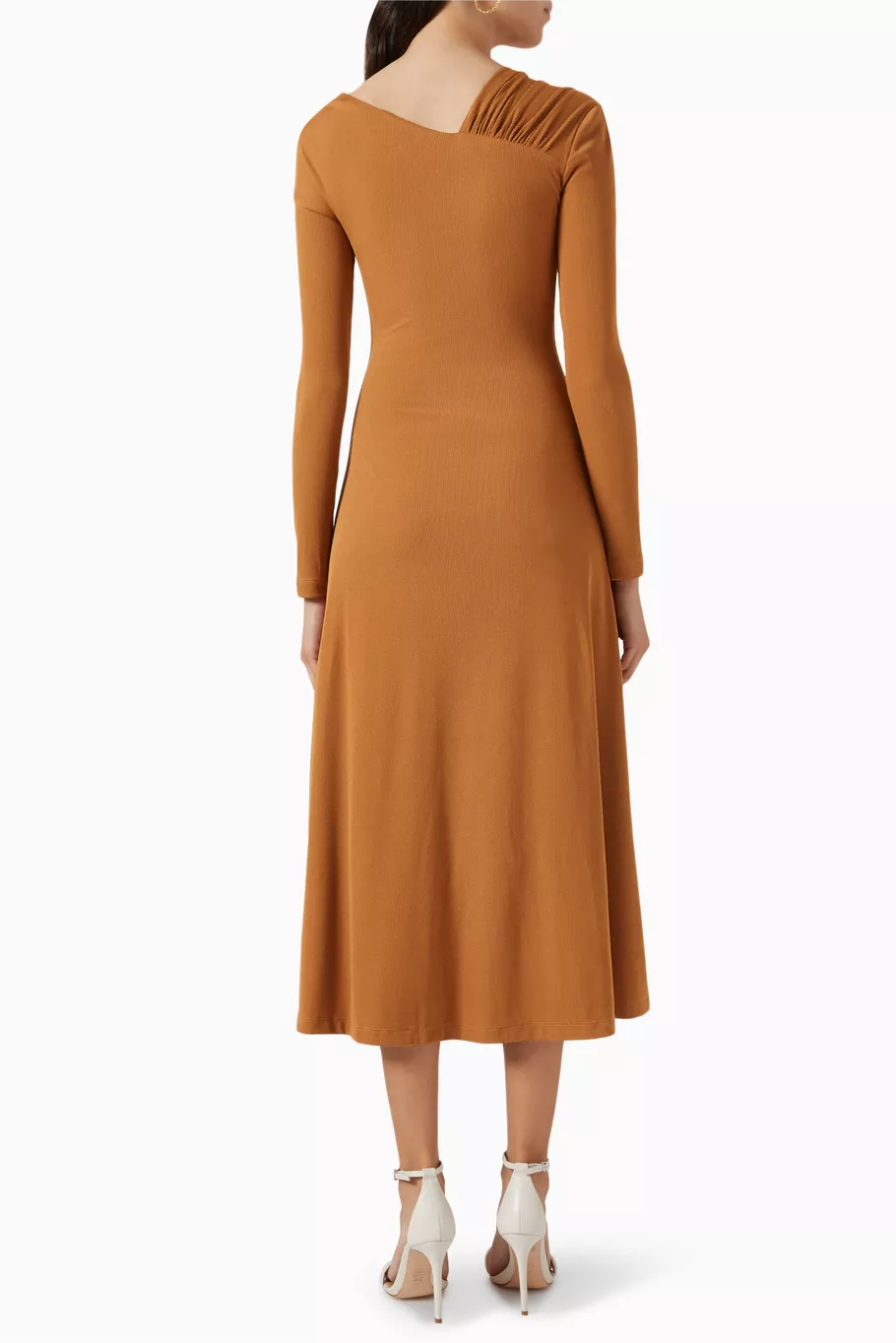 Jersey Ruched Long Sleeve Midi Dress Khaki
