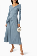 Jersey Ruched Long Sleeve Midi Dress Blue