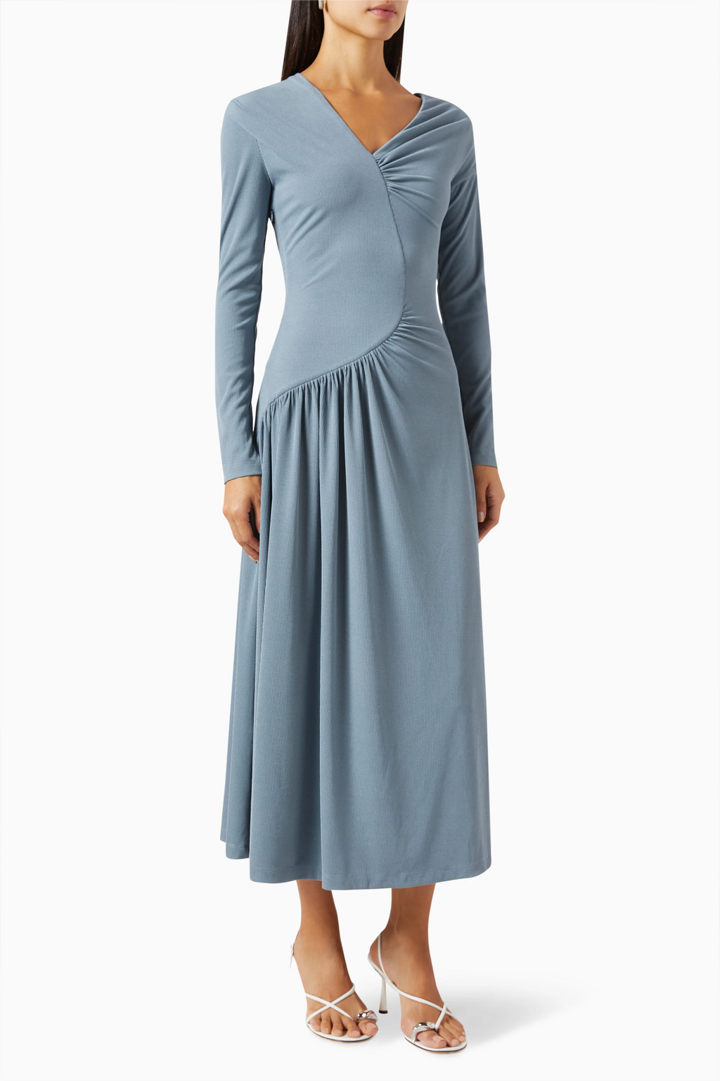 Jersey Ruched Long Sleeve Midi Dress Blue