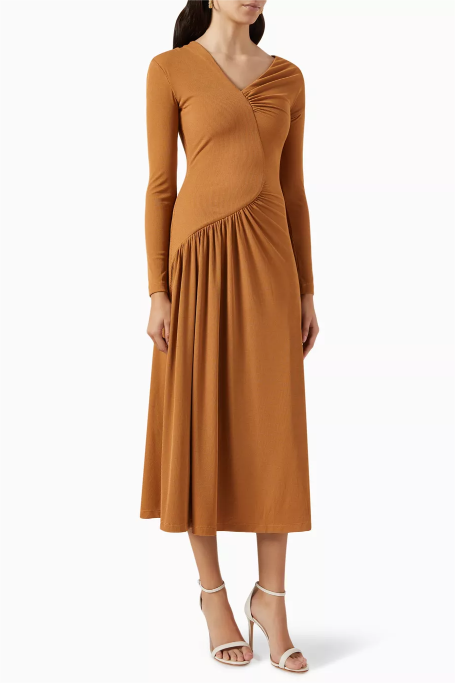 Jersey Ruched Long Sleeve Midi Dress Khaki