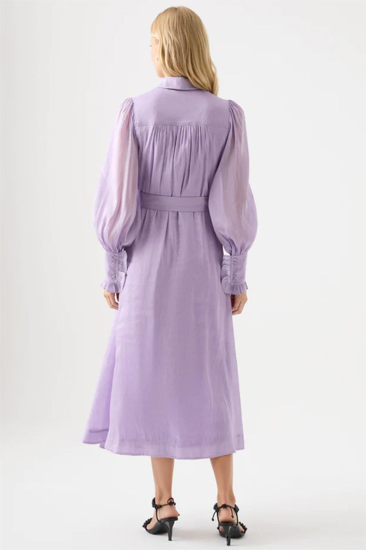 Lantern Sleeve Frill Midi Dress With Belt Purple