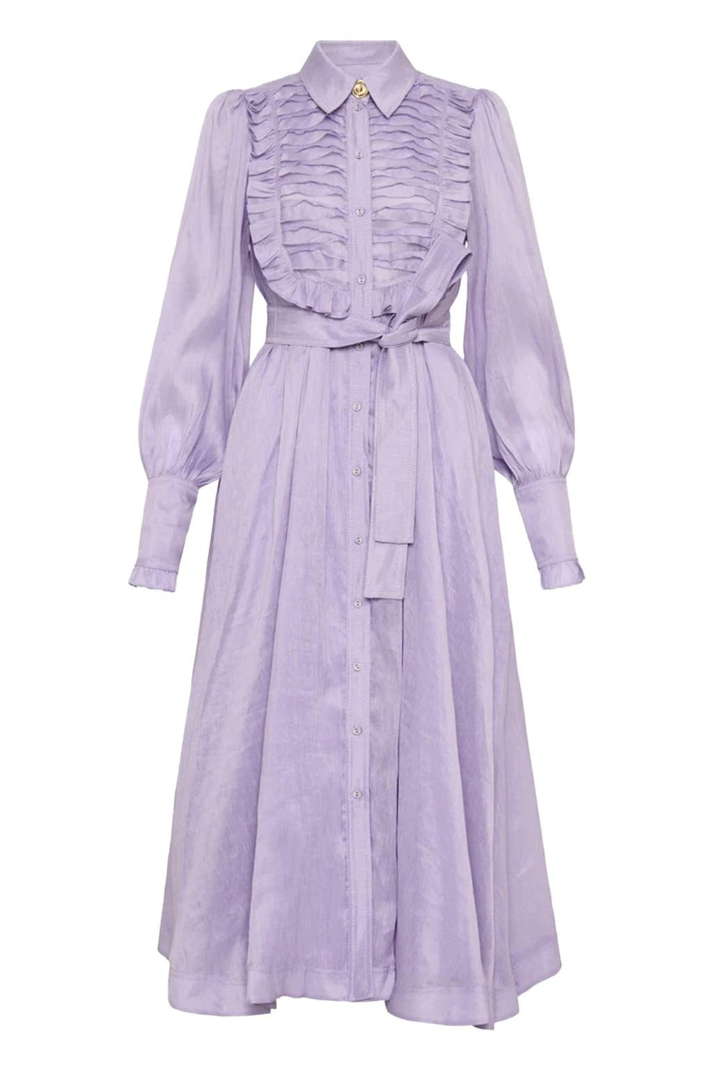 Lantern Sleeve Frill Midi Dress With Belt Purple