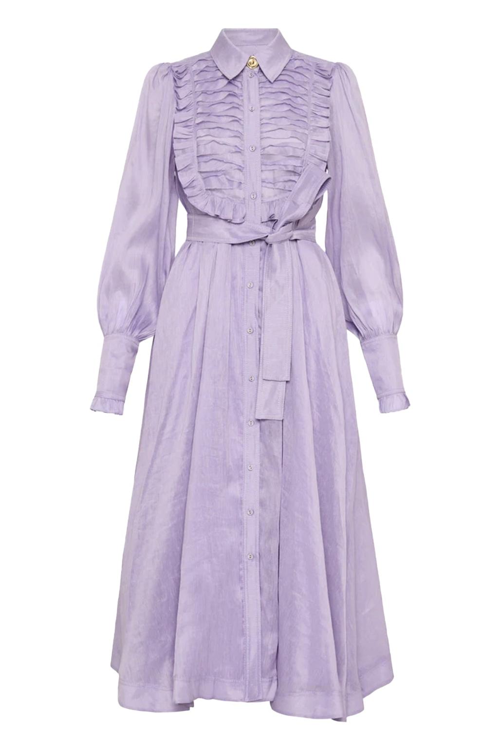 Lantern Sleeve Frill Midi Dress With Belt Purple