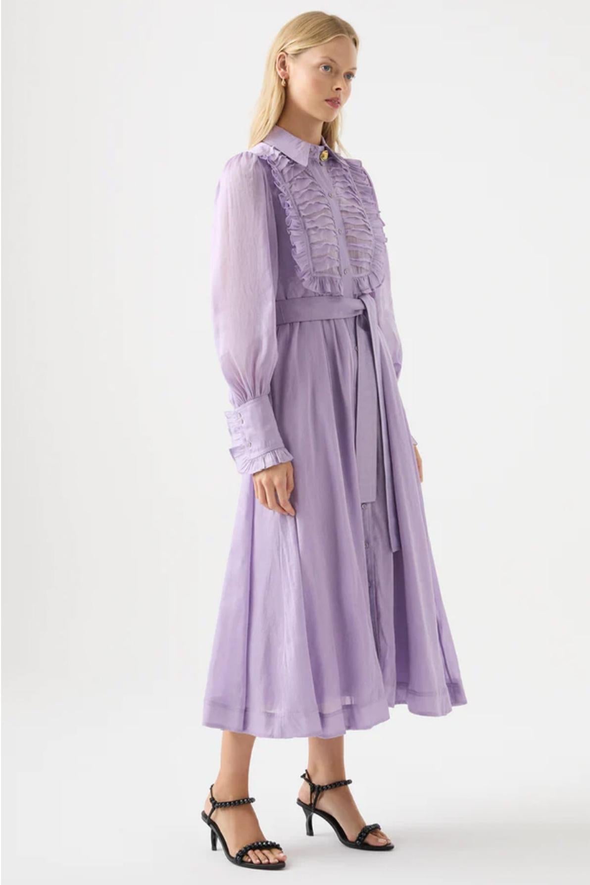 Lantern Sleeve Frill Midi Dress With Belt Purple