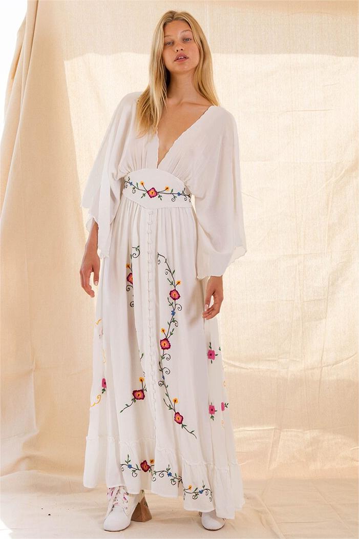 Embroidered V-neck Midi Dress