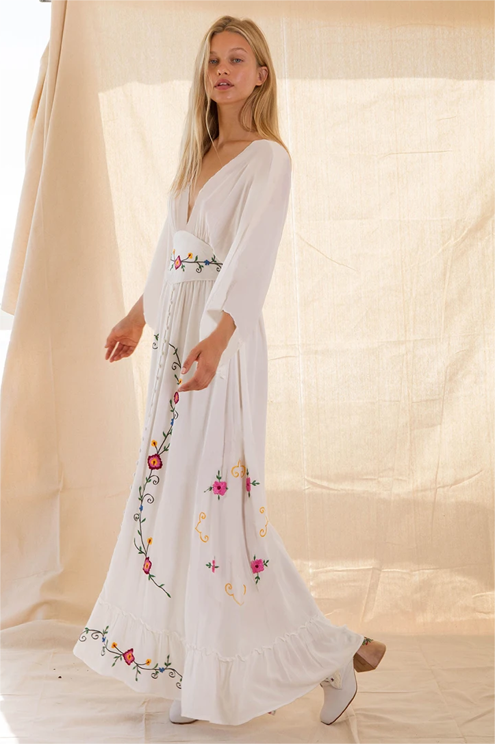 Embroidered V-neck Midi Dress
