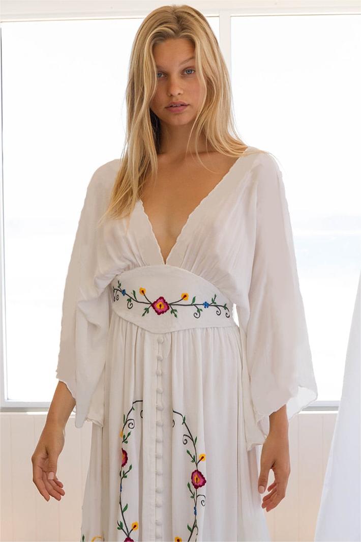 Embroidered V-neck Midi Dress
