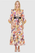 Abstract Print Lantern Sleeve Midi Dress With Belt