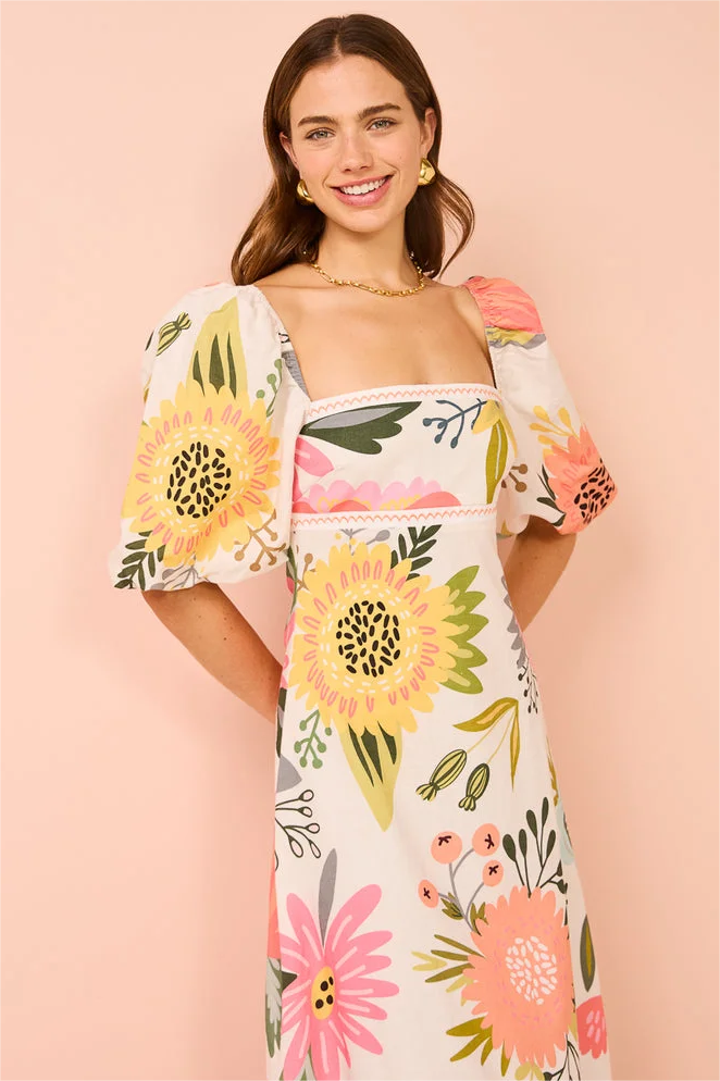 Puff Sleeve Square Neck Midi Dress