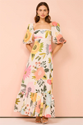 Puff Sleeve Square Neck Midi Dress
