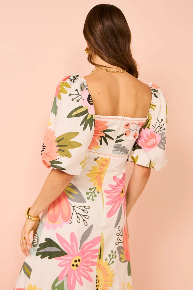 Puff Sleeve Square Neck Midi Dress