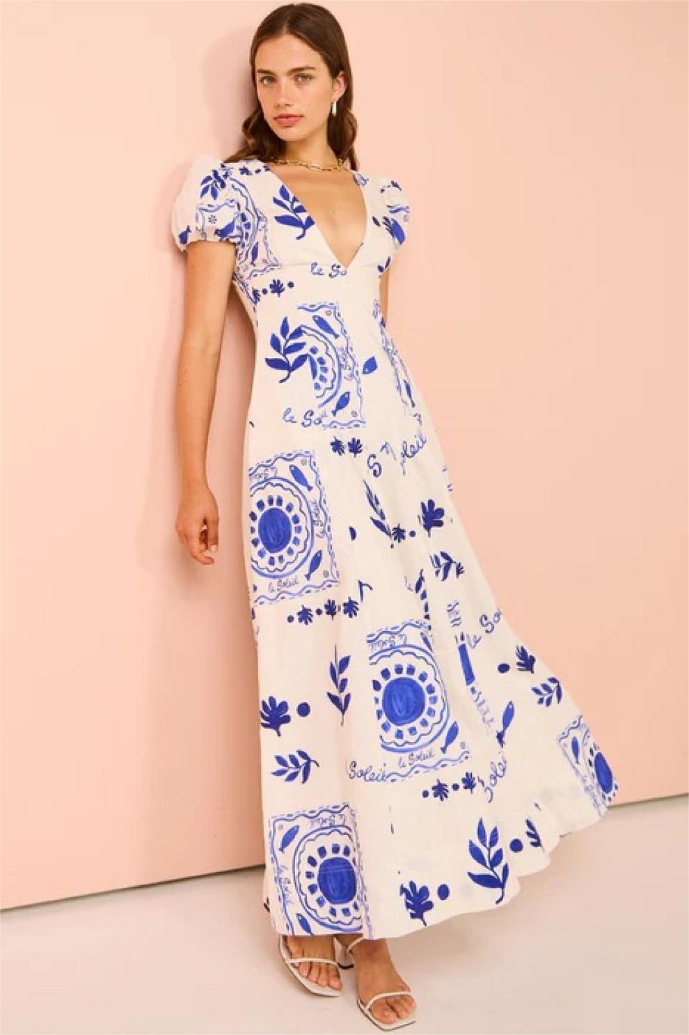 V-neck Puff Sleeve Midi Dress
