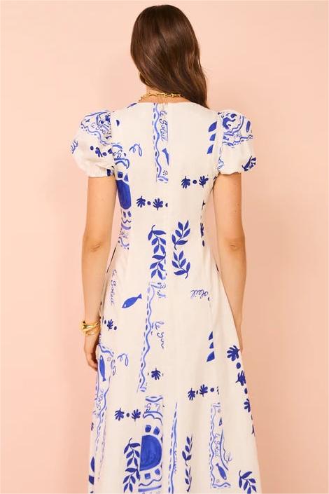 V-neck Puff Sleeve Midi Dress