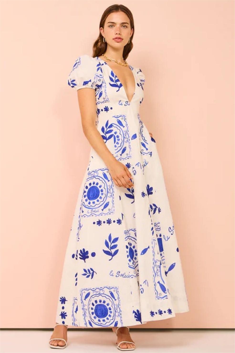 V-neck Puff Sleeve Midi Dress