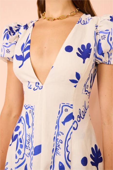 V-neck Puff Sleeve Midi Dress