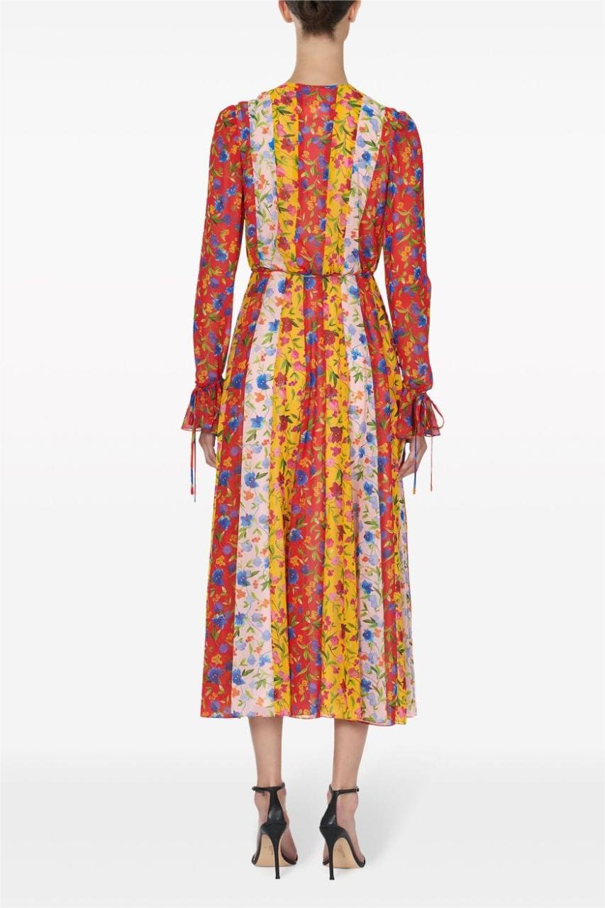 Patchwork Print V-neck Lace Up Midi Dress With Belt