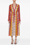 Patchwork Print V-neck Lace Up Midi Dress With Belt